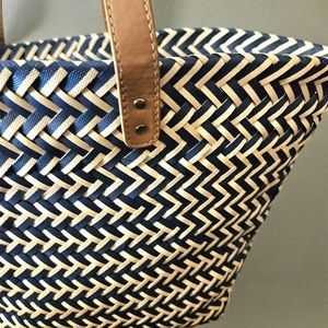 Handmade high quality woven navy blue and cream thick stitch design market tote